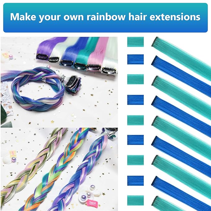 Colored Hair Extensions 10 PCS, Teal and Blue Clip in Hair Extensions Party Highlights, Colorful Synthetic Hairpieces for Girls Women Kids Gifts Blue Teal Hair Accessories(22 In)
