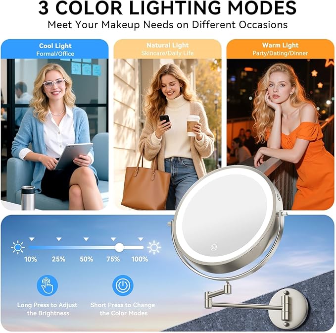 9'' 30X/1X Wall Mounted Lighted Makeup Mirror, 5000mAh Rechargeable Double-Sided Magnifying Mirror with Light, Vanity Mirror Touch Dimmable 3 Colors 360° Rotation Extended Foldable Arm, Power Adapter
