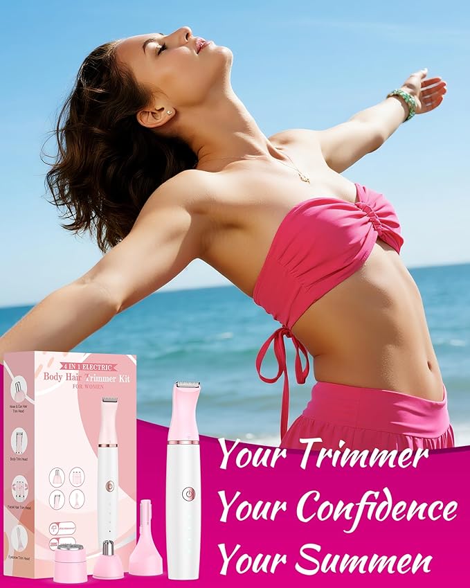 Bikini Trimmer Women & Body Shaver - 4-in-1 Painless Pubic Hair Remover for Sensitive Skin, Rechargeable & IPX7 Waterproof for Wet & Dry Use, for Face/Eyebrows/Nose/Underarms/Legs