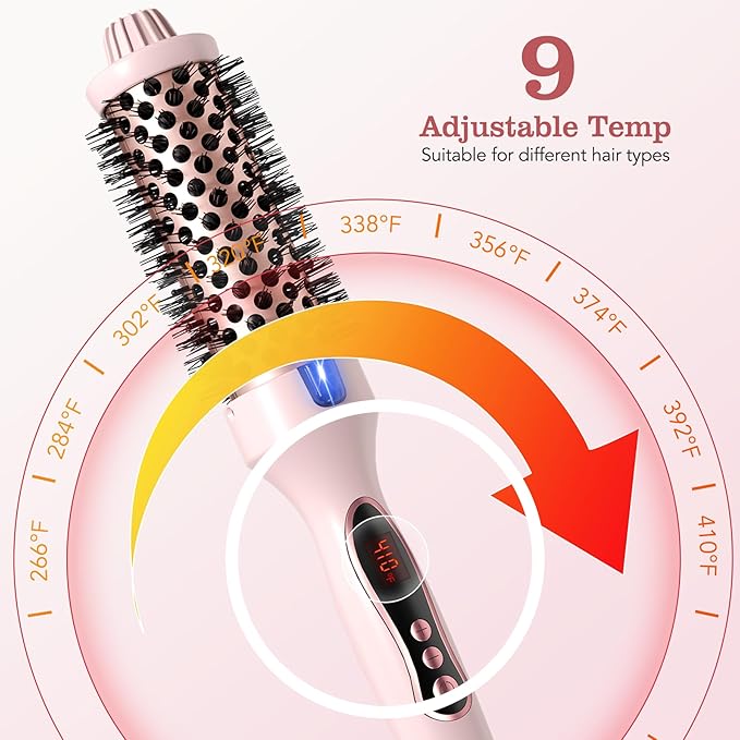 Thermal Brush, 1.5 inch Heated Round Brush Hair Curling Brush for Natural Curl, Straightener and Curler 2 in 1, Negative Ion Technology, 9 Temperature Settings, Dual Voltage for Travel, Pink