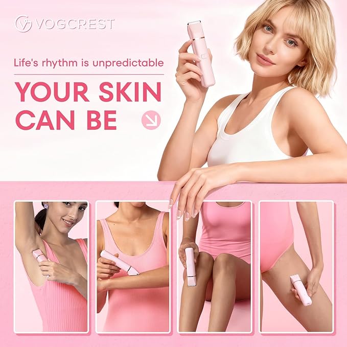 VG VOGCREST Bikini Trimmer for Women: 2-in-1 Painless Body Shaver for Underarm Leg Arm with Length Combs - Portable Travel Friendly Pubic Grooming Kit with Charging Dock (Pink)