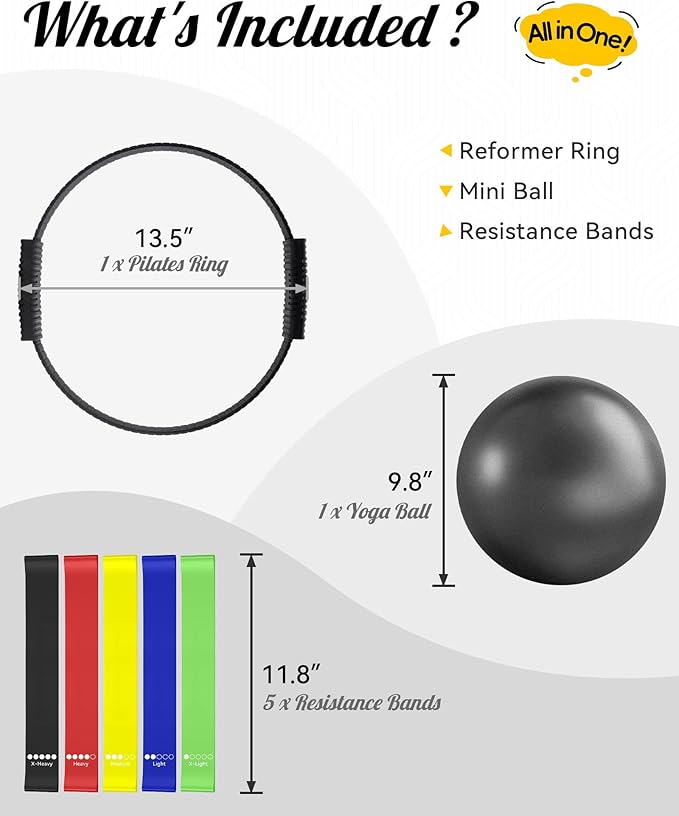 Pilates Ring Set, Home Pilates Kit for Women Pilates Equipment Ring and Ball Set Magic Circle Hoop with 5 Resistance Bands Compact Toning Fitness Essentials Starter Set Accessories