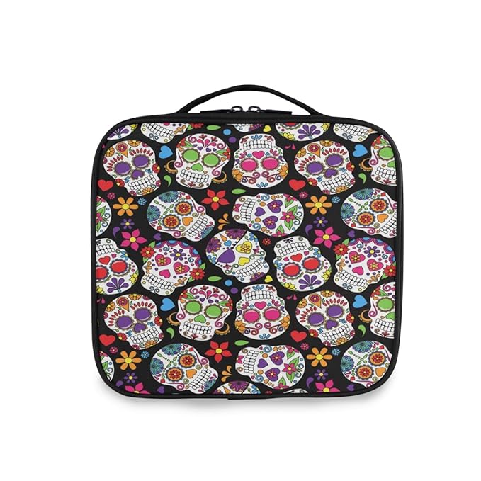 ALAZA Travel Makeup Case, Halloween Colorful Floral Sugar Skull Black Cosmetic toiletry Travel bag for Women Girls