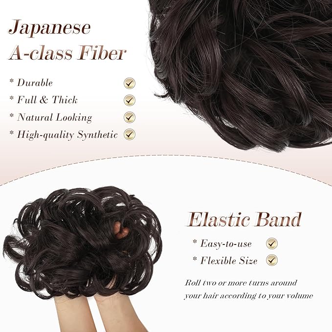 FESHFEN Messy Bun Hair Piece - Wavy Synthetic Chignon Scrunchies for Instant Volume, Elastic Bun Ponytail Hair Extensions Thick Hairpieces for Women, Dark Brown 1.50 oz