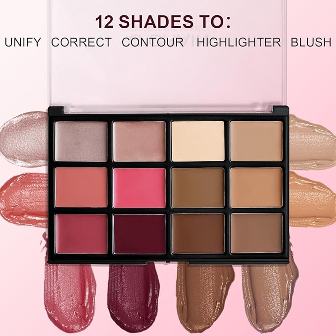 O'CHAIN 12 Colors Cream All in One Face Palette Set, Contour Blush Highlighter Makeup Palette Kit, Long Lasting, Beauty Gift for women, Ideal for Valentine's Day and Festival