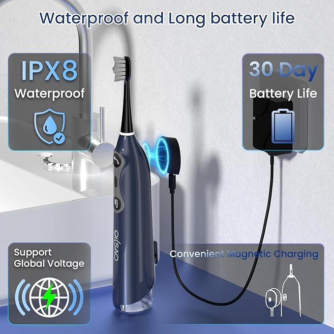 OILSAO 3-in-1 Flossing Toothbrush-Flosses, Vibrates and Oscillates, Electric Toothbrush with Water Flosser Equipe 5 Brush Heads, Plaque Removal for Sensitivity, Braces-Blue