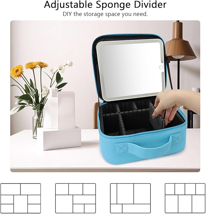 SLUMAZI Travel Makeup Bag with LED Mirror Travel Makeup Organizer with 3 Lighted Settings, Adjustable Dividers and Makeup Brush Storage Bag Blue