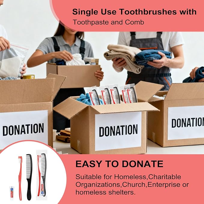 Red Disposable Toothbrushes with Toothpaste and Comb - Pack of 30,Individually Wrapped Single Use Travel Toothbrushes Kit Bulk for Homeless,Guests,Hotel