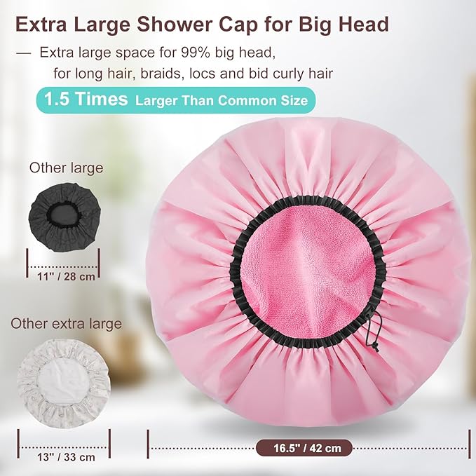 2 Pcs 16.5"Jumbo Adjustable Terry Cloth Lined Shower Caps for Long Hair & Braids, Extra Large Dual Waterproof Hair Cap for Women & Men, Reusable XXL for Dreadlocks, Locs