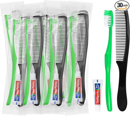 Green Disposable Toothbrushes with Toothpaste and Comb - Pack of 30,Individually Wrapped Single Use Travel Toothbrushes Kit Bulk for Homeless,Guests,Hotel
