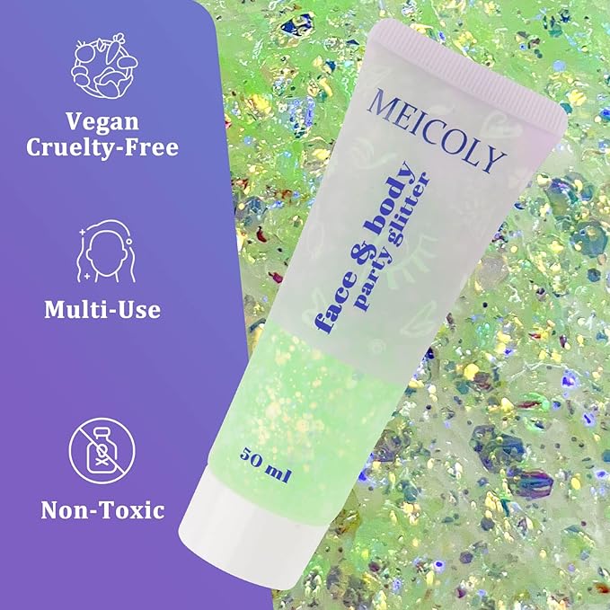 MEICOLY Lime Green Body Glitter,Holographic Chunky Chameleon Face Glitter for Halloween Alien Makeup,Self-Adhesive Color Changing Mermaid Glitter Gel,Glitter for Face Body Hair,Festival Party Cheer