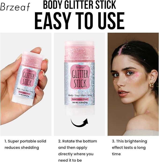 Brzeaf Pink Glitter Stick, Not Greasy & Long Lasting, Face Glitter Gel, Chunky Glitter for Face/Body/Hair/Eyes/Lip, Singer Concert Music Rave Festival, Glitter Stick Makeup for Women Men