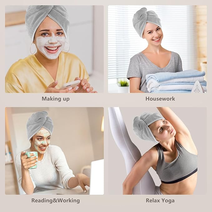 AIDEA Microfiber Hair Towel Wrap, 2 Pack Hair Turbans, Super Absorbent Quick Dry Hair Towel Wrap for All Hair Types Anti Frizz, 26"×10", Grey