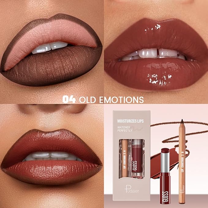 2Pcs Lipstick and Lip Liner Combo, Lip Liner and Lip Gloss Kit for Women, Matte Lip Pencil and Smooth Hydrating Lipstick with Sharpener, Non-Stick Lip Makeup Set