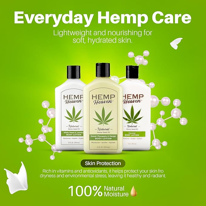 Hemp Heaven Hemp Lotion - Lotion Pineapple & Mango Scent - Natural Hemp Seed Oil, Paraben-Free, 12 oz, Made in USA, Nourishing for Men & Women, EWG Verified, Anti-Aging