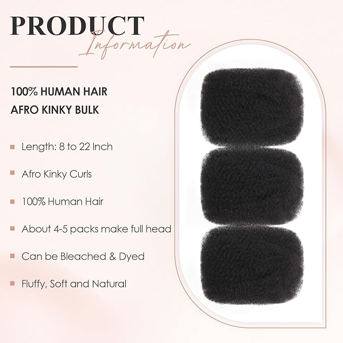 Teresa Afro Kinkys Bulk Human Hair For Twists, Afro Kinky-Curly Human Hair Bulk For Dreadlocks Extensions,Bulk Human Braiding Hair Natural And Soft (18 Inch, 30g/Pack)