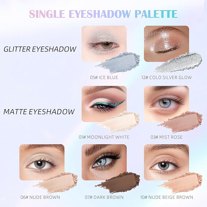 Single Glitter Eyeshadow Palette, Nude Beige Brown Glitter Eye Shadow Makeup for Women, Smooth Eye-Shadow Powder with Lightweight & Blendable Formula for Daily Eye Shadow Palette Fairy Makeup #10