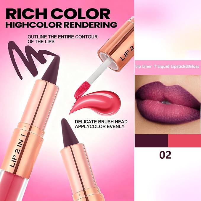 Lip Liner 2 in 1 Professional Matte Lip Kit, Dual-Ended Lip Kit With Lip Liner And Gloss Lip Combo Sets For Black Women,High Pigmented Liquid Lipstick Long Lasting Waterproof Lip Combo Makeup ﻿ (#2)