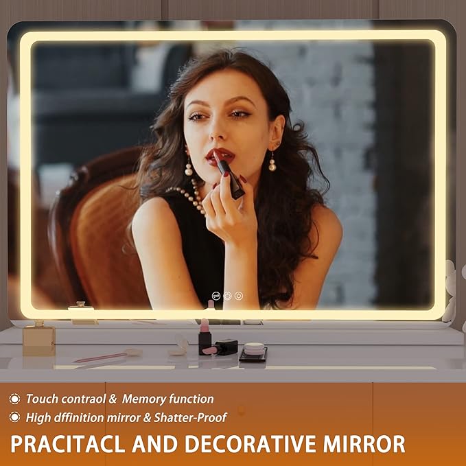 Hasipu Vanity Mirror with Lights, 31.5" x 22" LED Makeup Mirror, Lighted Makeup Mirror with Dimmable 3 Modes, Touch Screen Control Vanity Mirror Round White