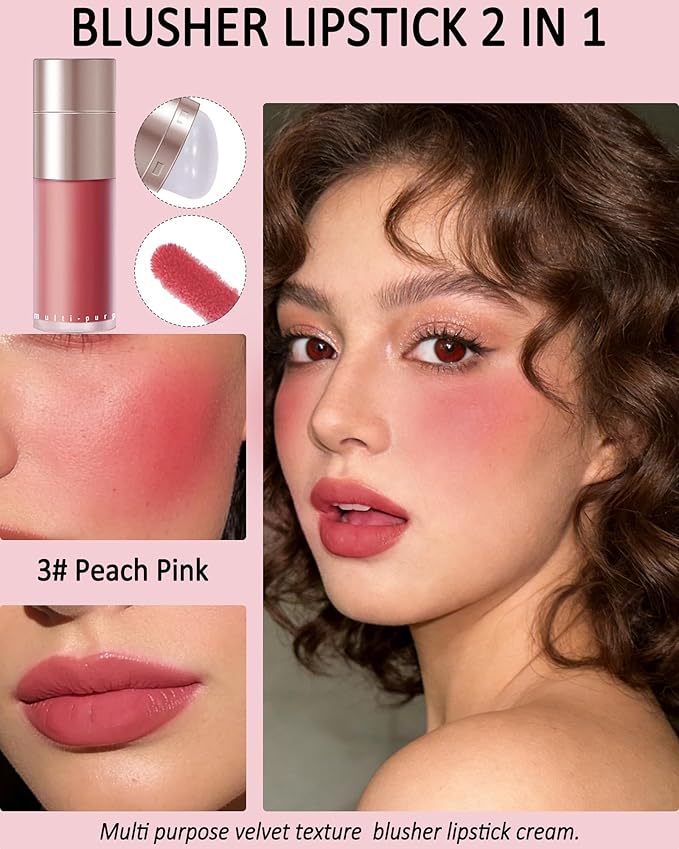 Velvet Cream Blush for Cheeks and Lips Tint, Peach Pink Matte Double-Ended Face Blusher with Silicone Brush,Blendable Waterproof Long-Lasting Liquid Blushes,Lightweight Facial Makeup Gift for Women-3#