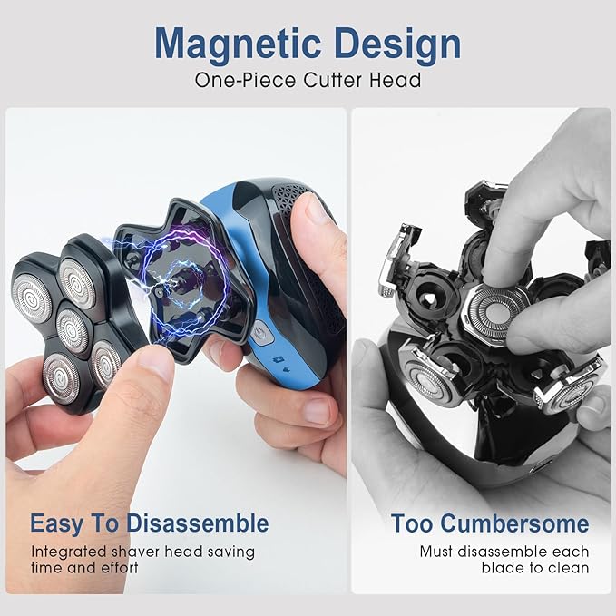Telfun Magnetic Head Shavers for Bald Men, Cordless 5-in-1 Electric Razor for Fast Shaving- IPX7 Waterproof Wet/Dry Mens Grooming Kit - Easy Use Palm Shaver for a Smooth Bald Shave