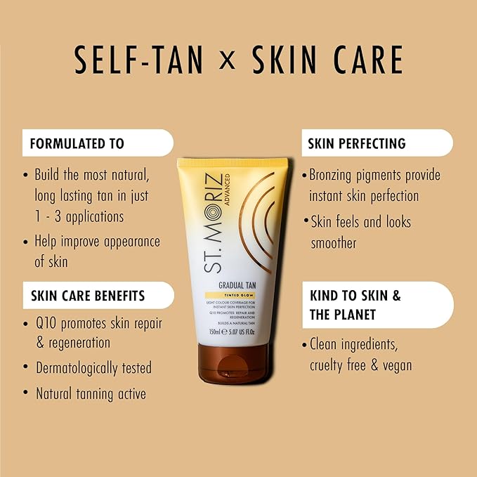 St. Moriz Advanced Tinted Gradual Self Tanner – Hydrating Tan Moisturizer with Q10 Anti-Aging Benefits & Light Color Coverage – Natural Glow in 1–3 Uses – Vegan, 150ml