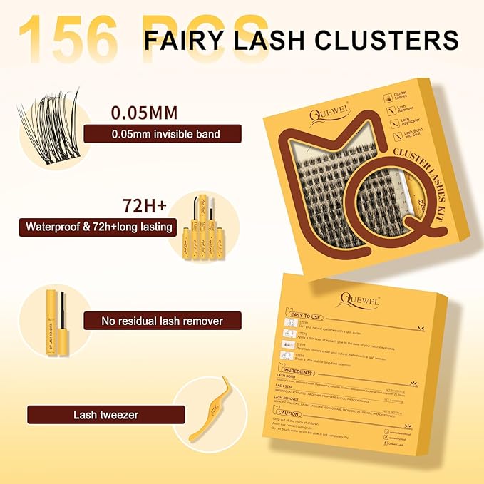 QUEWEL Lash Clusters Kit,156pcs Natural Lash Clusters Kit Mix10-18mm Clear Band Cluster Eyelash Extensions Kit With Lashes Bond and Seal, Lash Tweezers and Remover for DIY Natural Lashes(Elf 01 4 Set)