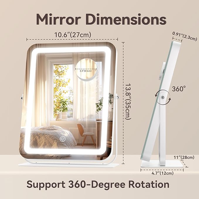 Hasipu Makeup Vanity Mirror with Lights, 11" L x 14" W LED Tabletop Make up Mirror for Desk, Lighting & Brightness Adjustment, 360°Rotation, 10x Magnification