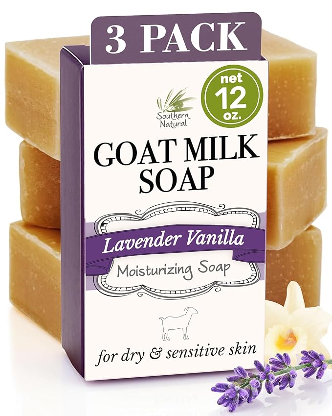 Southern Natural Goat Milk Soap Bar (Lavender Vanilla 3 Pack) For Dry Sensitive Skin. Natural, Handmade Soap For Men, Women, Kids & Baby. Use On Face & Body