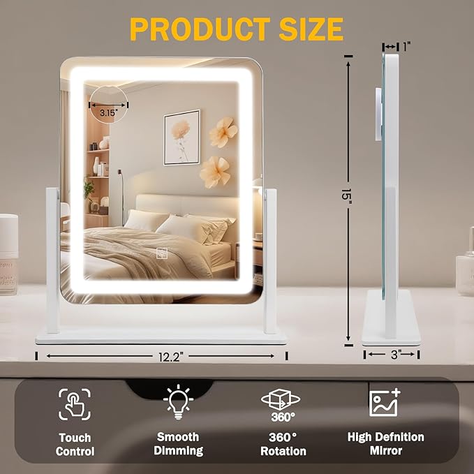 Vanity Mirror with Lights, 12.2"×15" Large LED Makeup Mirror with Light, HD Mirror, Smart Touch with 3-Color Lighting, Dimmable, 360° Rotation, Lighted Up for Vanity Desk Tabletop, Bedroom (White)