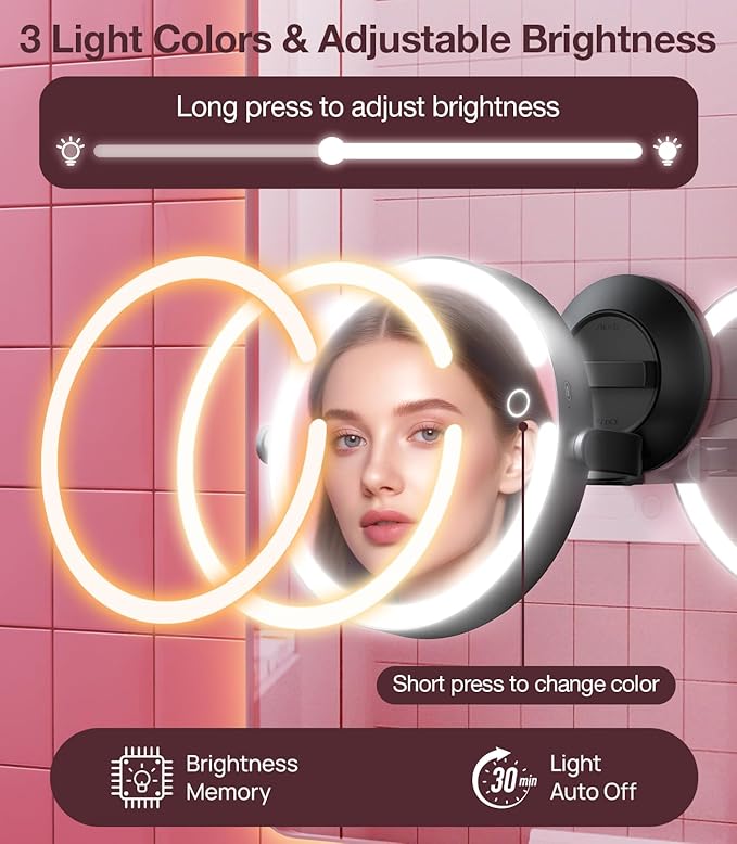 Benbilry Suction Cup Magnifying Mirror with Light 10X, Wall Mounted Makeup Mirror with Suction Cup for Bathroom, 3 Color Lights and Adjustable Brightness, 2 in 1 Tabletop for Desk - Black