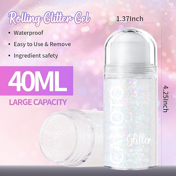 Dazzle Rolling Glitter for Face Body & Hair, Sparkling Holographic Chunky Shimmer, Roll-on Sequins for Singer Concert Rave Festival Halloween Party Carnival, 1.35fl.oz