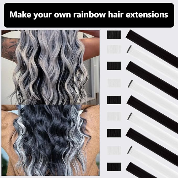 Colored Hair Extensions 14 PCS, 22 In Black and White Clip in Hair Extensions Party Highlights, White Black Long Straight Synthetic Hairpieces for Girls Women Kids Gift(Black White)