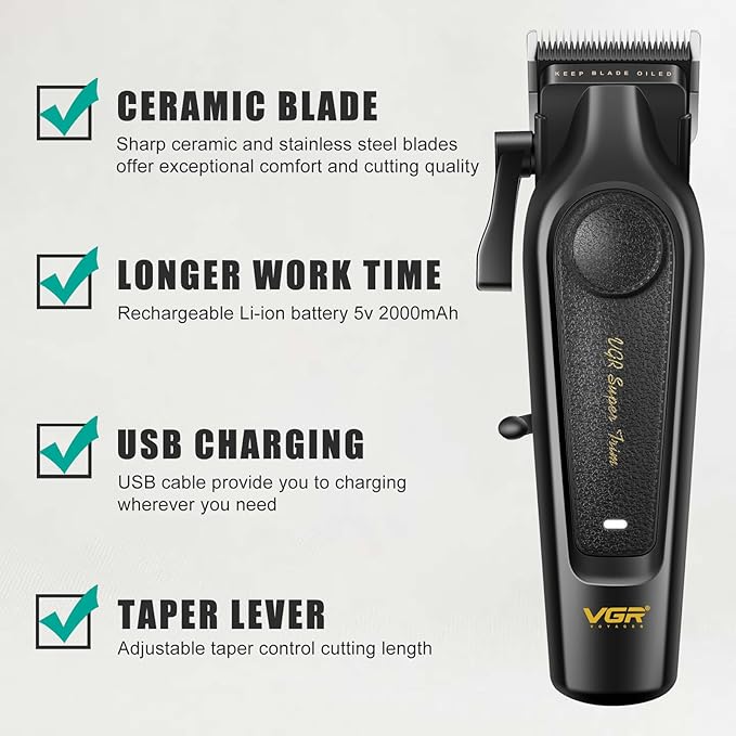 VGR 197 Professional Hair Clippers for Men, Cordless & Corded Barber Clippers with Ceramic Stainless Steel Blades, LED Indicator, Hair Cutting Kit with 6 Guide Combs & Grooming Accessories