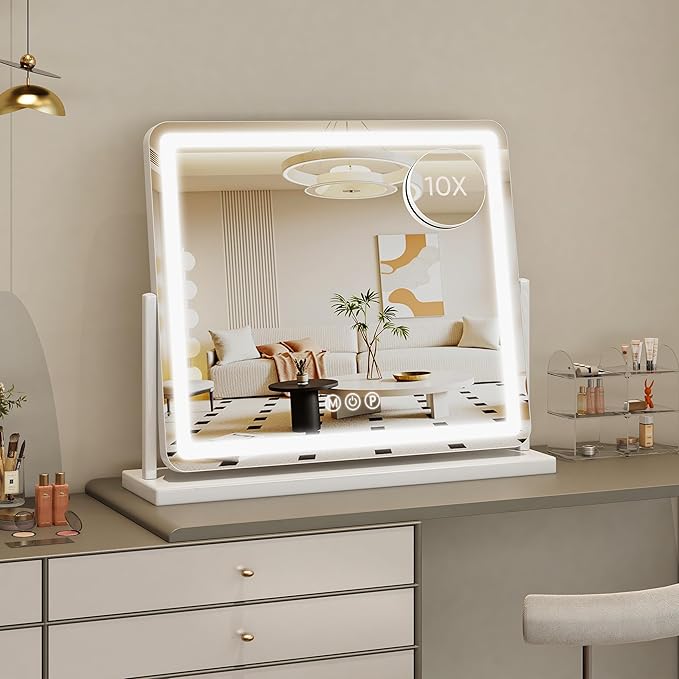 Vanity Mirror with Lights, 24"x20" Hollywood Lighted Makeup Mirror for Tabletop & Bedroom 3 Color Lighting Modes Smart Touch Control 360° Rotation Detachable