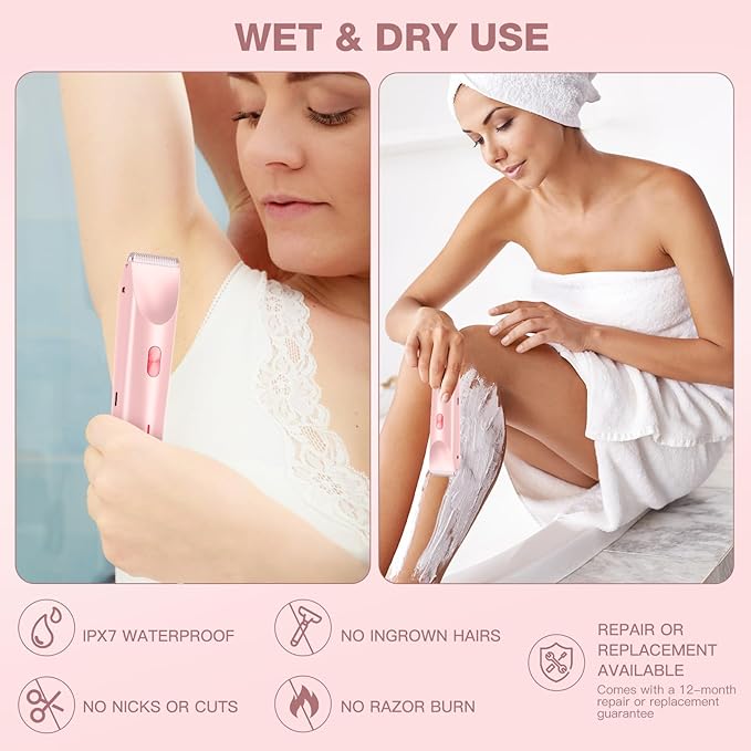 Electric Bikini Trimmer for Women - Gentle Trimming Facial Hair Removal, IPX7 Waterproof, Dual Head, USB Charge, Ceramic Blade, Pink
