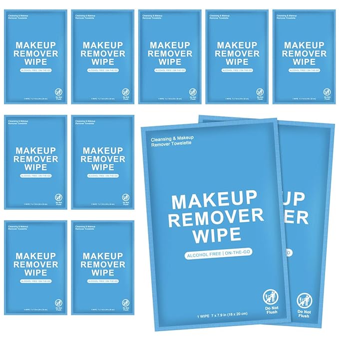 50 Count Makeup Remover Wipes Individually Wrapped, Travel Individual Wet Wipes Bulk, Gentle Cleansing for Face Mascara Lipstick, Single Makeup Removing Wet Wipes