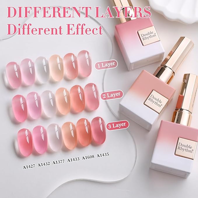 Double Rhythm 6 Pcs 15 ML Gel Polish Set Same Color Same Bottle Soak Off Gel Polish Kit Nail Art Manicure Salon DIY at Home for Women (Jelly Milky White Nude Pink Rose-T6-23)