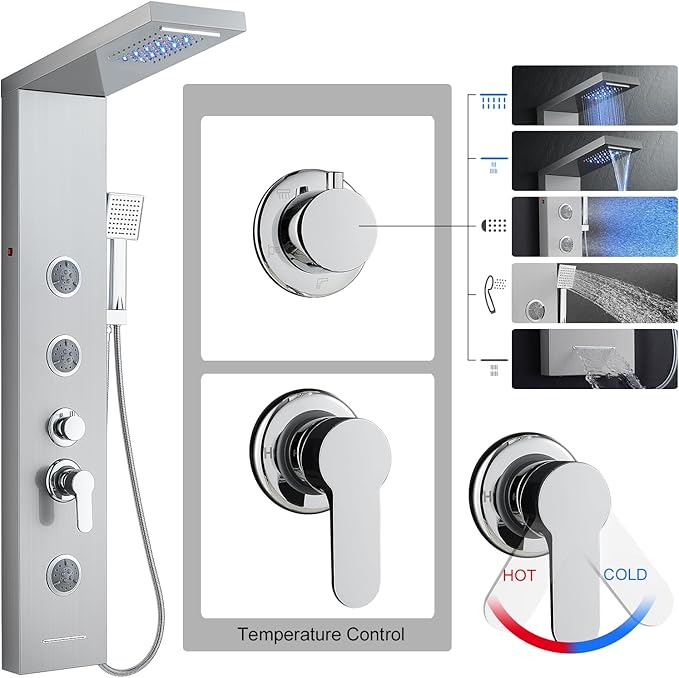 TSIBOMU 5 in 1 Shower Panel Tower System with LED Lights, Rainfall and Waterfall Shower Head, 3 Pcs Adjustable Body Jets, Handheld Shower, Tub Spout (Brushed Nickel)