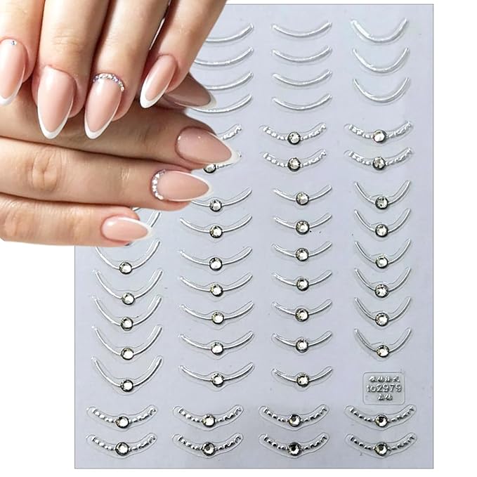 2 Sheets French Tips Nail Art Stickers - 5D Holographic French Simple Gold Silver Line Nail Stickers with Crystal Diamond Design Nail Decals for Women Manicure Decorations