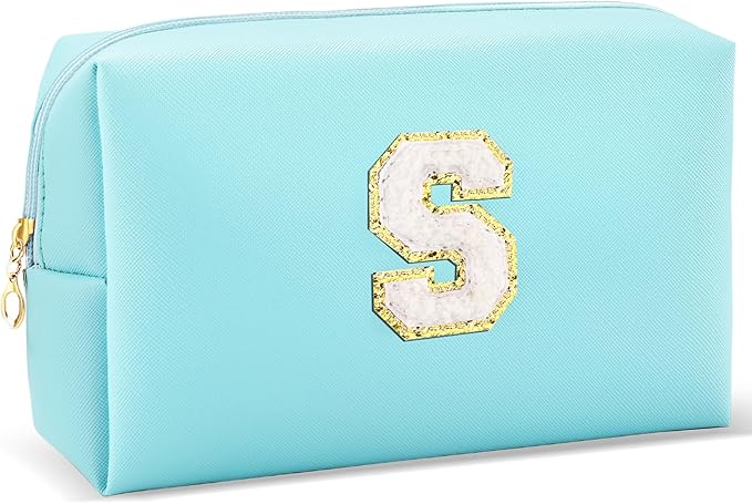 URSKYTOUS Gifts for Girls Initial Makeup Bag Personalized Cosmetic Bag with Zipper Cute Travel Toiletry Bag Waterproof PU Preppy Makeup Pouch Birthday Gift for Teen Girls Women(Blue S)