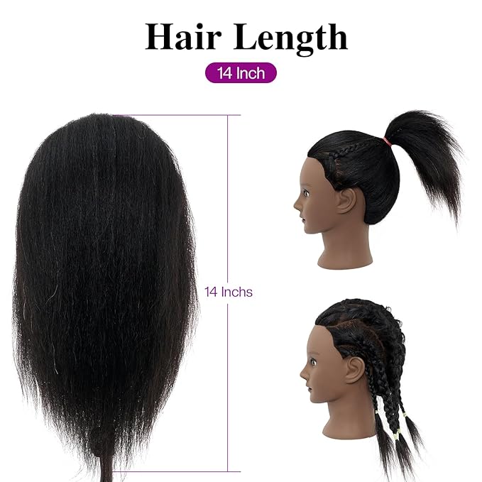 Mannequin Head 100% Real Hair,14”-16” Braiding Mannequin Head with Stand&Table Clamp,Real Hair Cosmetology Manikin Head with Mannequin Head Stand
