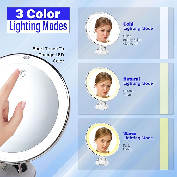 Snowflakes 10x Magnifying Lighted Makeup Mirror with Lights, Suction Cups, and 360° Swivel – Touch Control, 3 Light Modes – Ideal for Home, Bathroom Vanity, and Travel
