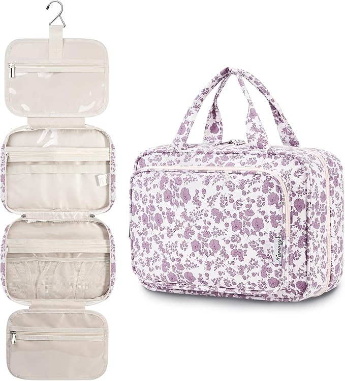 Narwey Travel Toiletry Bag for Women Large Hanging Makeup Bag Organizer Toiletries Bag for Full Size Essentials Accessories Cosmetics (Little Dusty Pink Flower (Large))