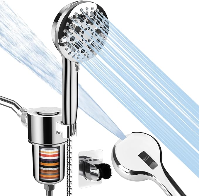 Filtered Shower Head with Handheld, High Pressure 9 Spray Mode Showerhead with Filters, 20 Stage Shower Filter Head for Hard Water, Anti-clog Nozzles, 59" Hose,Showerhead with Built in Power Wash Mode
