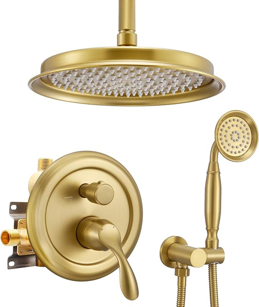 DASAN Brushed Gold Rain Shower System Complete Antique Shower Faucet Sets, Brushed Gold Shower Fixtures Combo with Pressure Balance Valve, Trim Kit, 9’’ Rainfall Overhead Shower & Handheld, AT209C-BTG