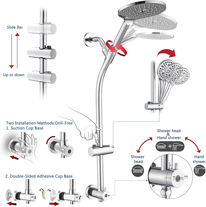 UCLIMAA High Pressure Shower Head with Handheld Shower, 26" Adjustable Height Drill-Free Slide Bar, 3-Way Diverter for Easy Reach, Dual Shower Head Combo Set with 5ft Hose - Chrome