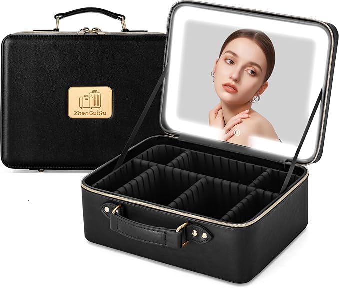 Gdsshuhung Makeup Bag with LED Mirror & Magnifier, Large Cosmetic Organizer Travel Makeup Case with Adjustable Brightness & 6 Detachable Dividers, Portable Makeup Storage for Women Girls (Black)