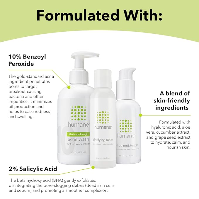 humane Maximum-Strength Acne Wash, Clarifying Toner, and Oil-Free Moisturizer Bundle - 10% Benzoyl Peroxide Acne Treatment
