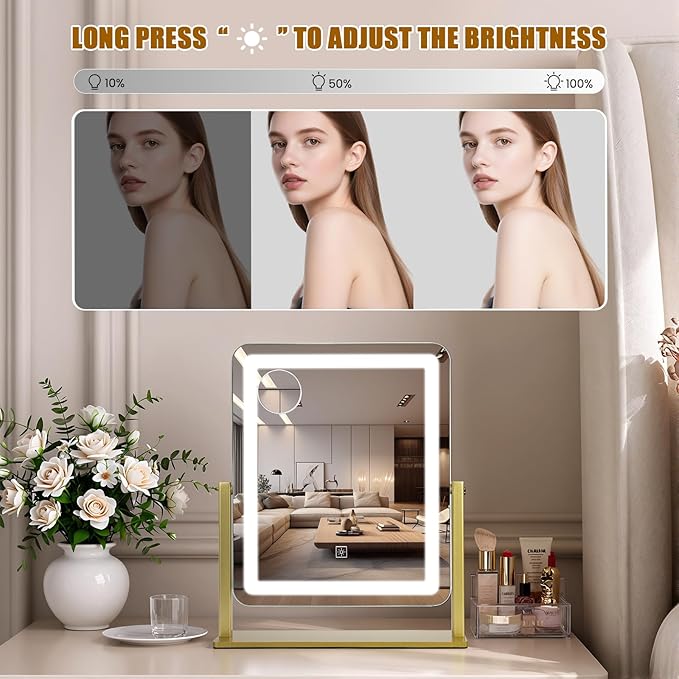 Vanity Mirror with Lights, 12.2"×15" Large LED Makeup Mirror with Light, HD Mirror, Smart Touch with 3-Color Lighting, Dimmable, 360° Rotation, Lighted Up for Vanity Desk Tabletop, Bedroom (Gold)